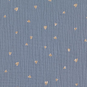 Musliini-/kaksikerroksinen kangas Sydämet Foliopainatus – siniharmaa/kultainen metallic, 