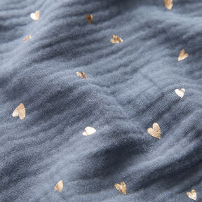 Musliini-/kaksikerroksinen kangas Sydämet Foliopainatus – siniharmaa/kultainen metallic, 