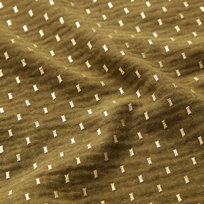 Musliini-/kaksikerroksinen kangas Foliopainatus Pikkulaatikot – tummaoliivi/kulta | Loppupala 70cm, 