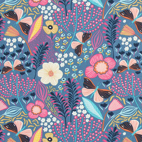 Puuvillakangas Kretonki Perhoset ja kukinnot – siniharmaa/pink, 